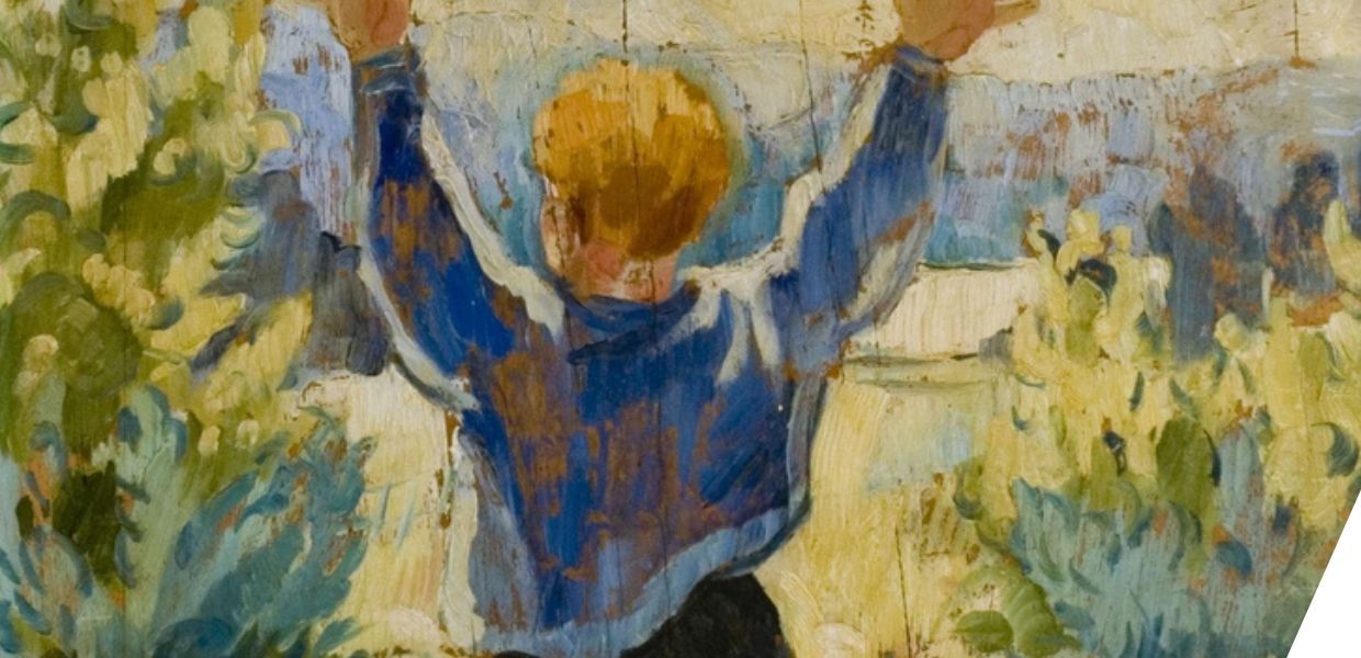 Seen from behind, a child holds their arms up in front of fields and the sun shining in the sky